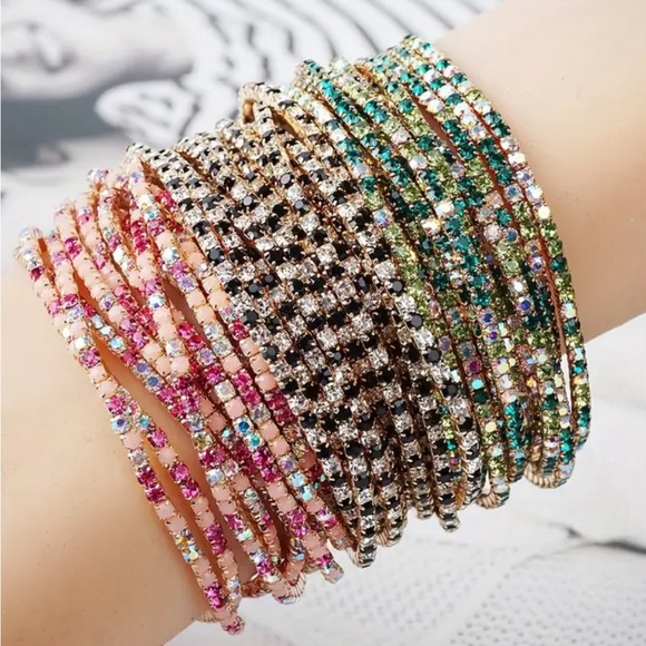 6 Individual Piece 18k Plated Rhinestone Stretch Boho Bracelet Stack Set - Bling - Picture 3 of 3